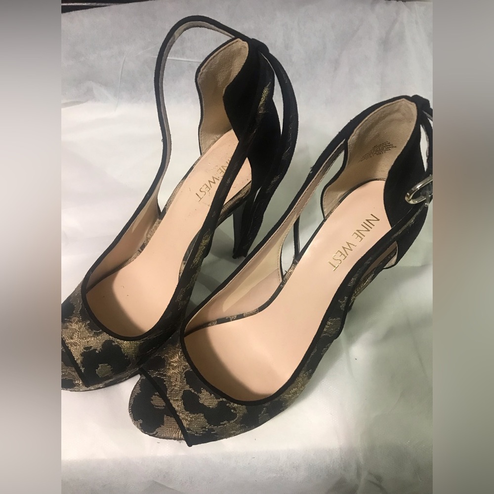 Nine West Peep Toe Strap High Heels Black Print No Box